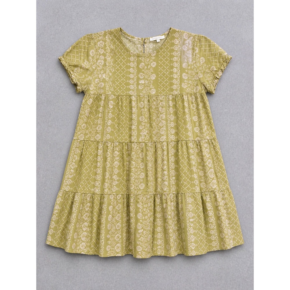 Olivaceous Women Olive Green Floral Tiered Babydoll Mini Dress Large Boho‎